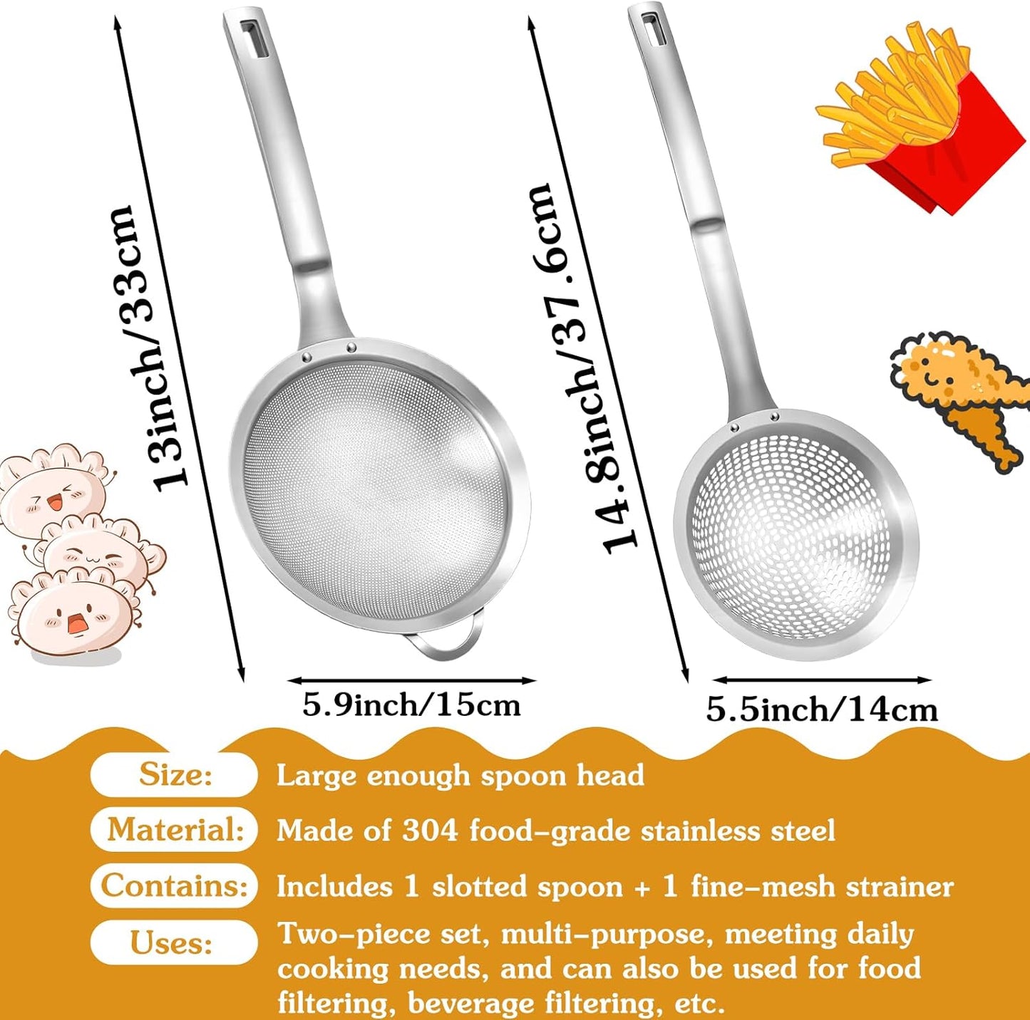 2 Pieces Spider Strainer Skimmer Spoon Set, Fine Mesh Stainless Steel Metal With HoleSieve Food Strainer Grease Spider Skimmer, Large Hole Slotted Colander Frying Spoons Set With Handle for Cooking