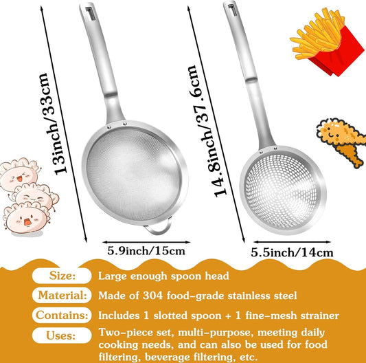 2 Pieces Spider Strainer Skimmer Spoon Set, Fine Mesh Stainless Steel Metal With HoleSieve Food Strainer Grease Spider Skimmer, Large Hole Slotted Colander Frying Spoons Set With Handle for Cooking