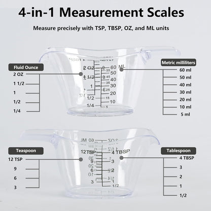 3 Pack 2 Ounce Measuring Cups, Food-Grade Plastic Small Measuring Cup for Hair Color, Hot Tub Chemicals & DIY Mixing, Mini Ounce Measure Cup with Easy-Read Markings