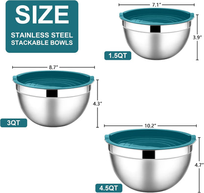 E-far Mixing Bowls with Lids, 6-Piece Stainless Steel Salad Bowls Metal Nesting Bowls for Baking Cooking and Prepping, Airtight Lids & Stackable Design, Size 4.5, 3, 1.5 QT (Black)