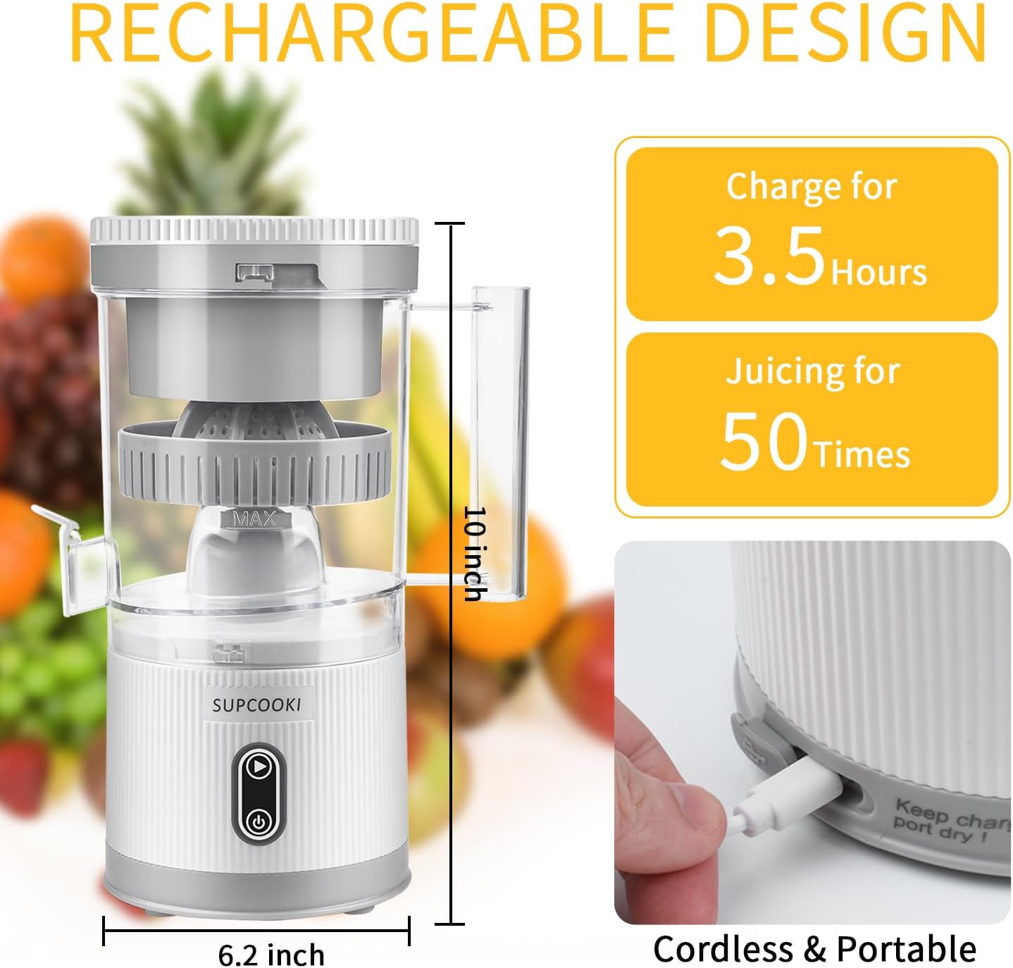 Electric Citrus Juicer, Rechargeable Juicer Machine with USB Cable and Cleaning Brush, Touch Button, Automatic Orange Lime Lemon Grapefruit Squeezer, Easy to Clean Portable Juicer, White