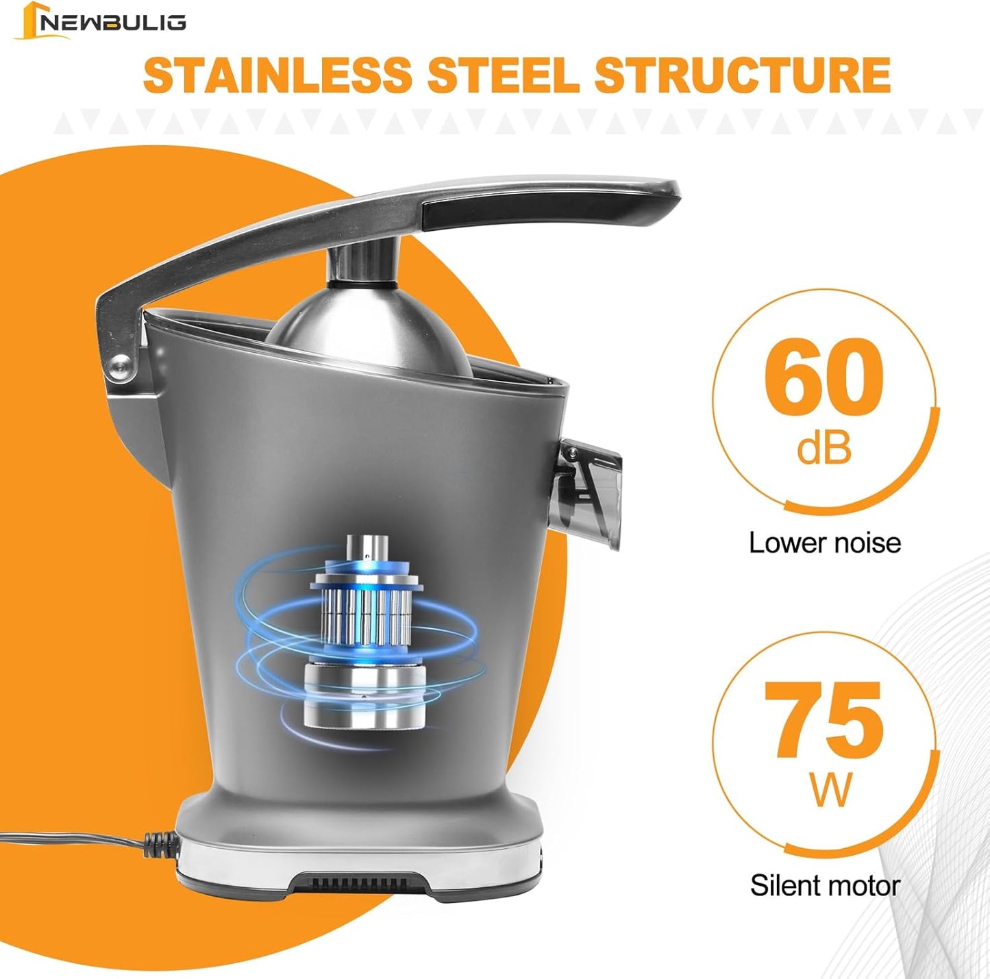 NEWBULIG Electric Citrus Juicer, Automatic Orange Juicer Squeezer with Soft-Grip Handle, Orange Juice Extractor Machines for Lemon Lime Grapefruit, Auto Shut-Off & Dishwasher Safe Parts, Silver