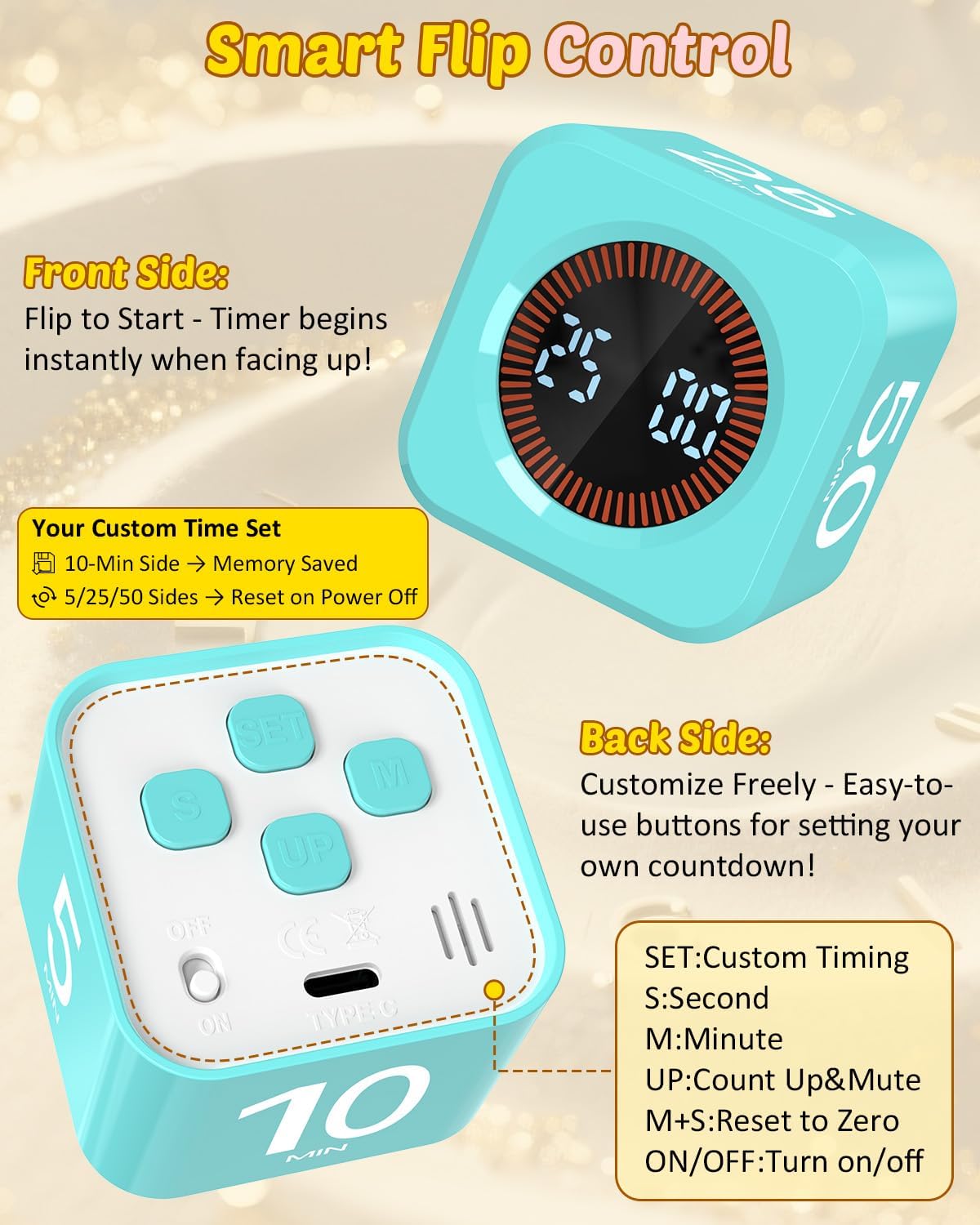 Digital Pomodoro Timer Cube 5/10/25/50min, Visual Productivity Flip Timer for Kids Classroom Desk, Custom Countdown, Silent and Sound Mode for ADHD Study Work Game Kitchen (Orange)