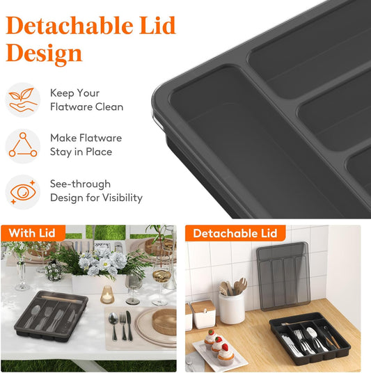 Lifewit Silverware Organizer with Lid, Covered Utensil Tray for Kitchen Drawer and Countertop, Plastic Cutlery and Flatware Storage Box for Spoons Forks Knives Holder Case, 12.6x11.8", Gray