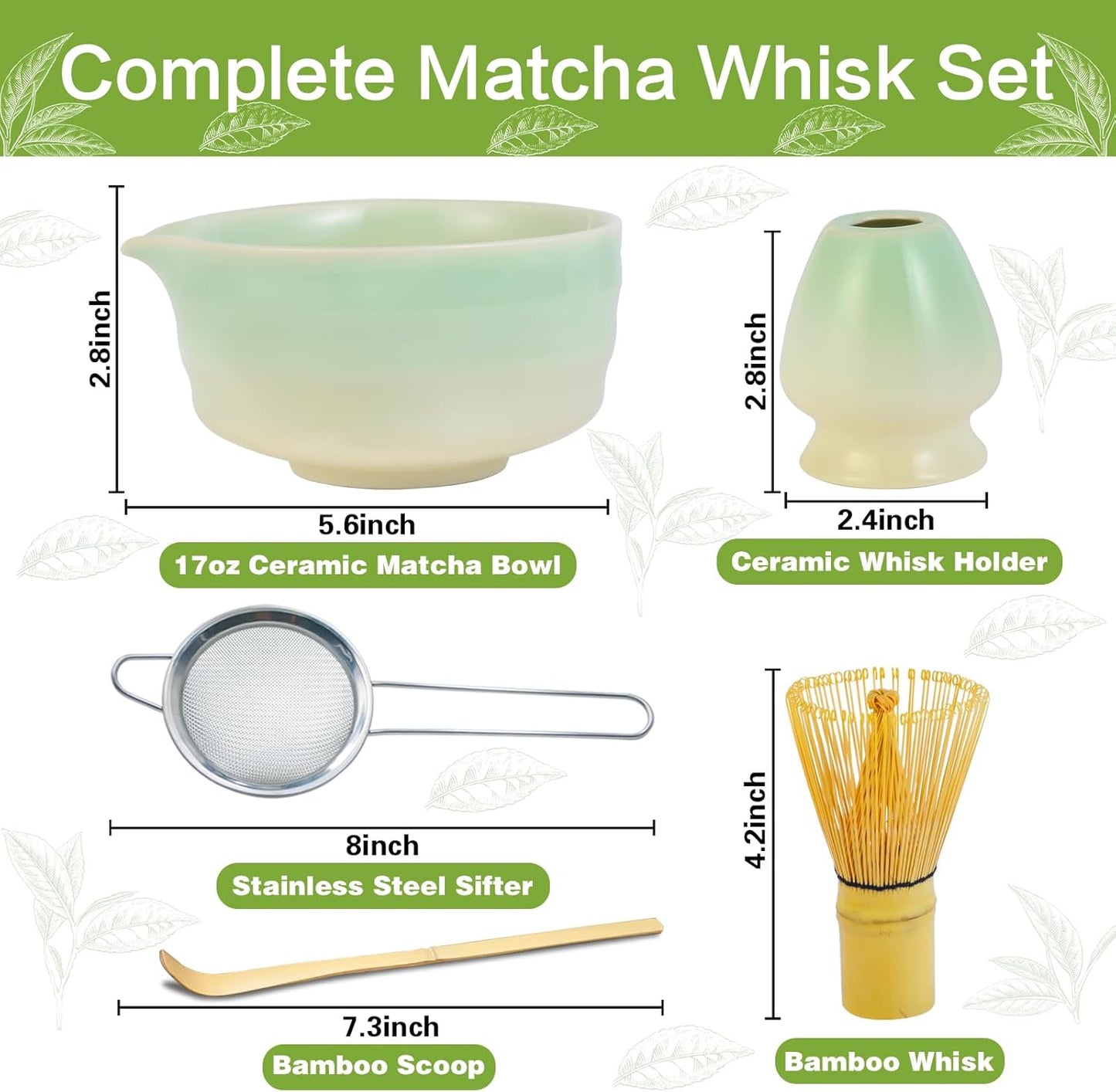 Matcha Whisk Set, Japanese Tea Set Includes Matcha Bowl with Spout, Bamboo Whisk, Ceramic Chasen Holder, Scoop, Sifter, 5 pcs Traditional Tea Making Kit for Matcha Lovers Christmas Gifts for Women Men