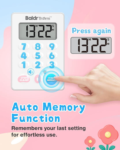 BaldrTherm Digital Kitchen Timer, Magnetic Waterproof Countdown Timer for Cooking, Shower, Workout, Classroom, Hair Color Processing, White.
