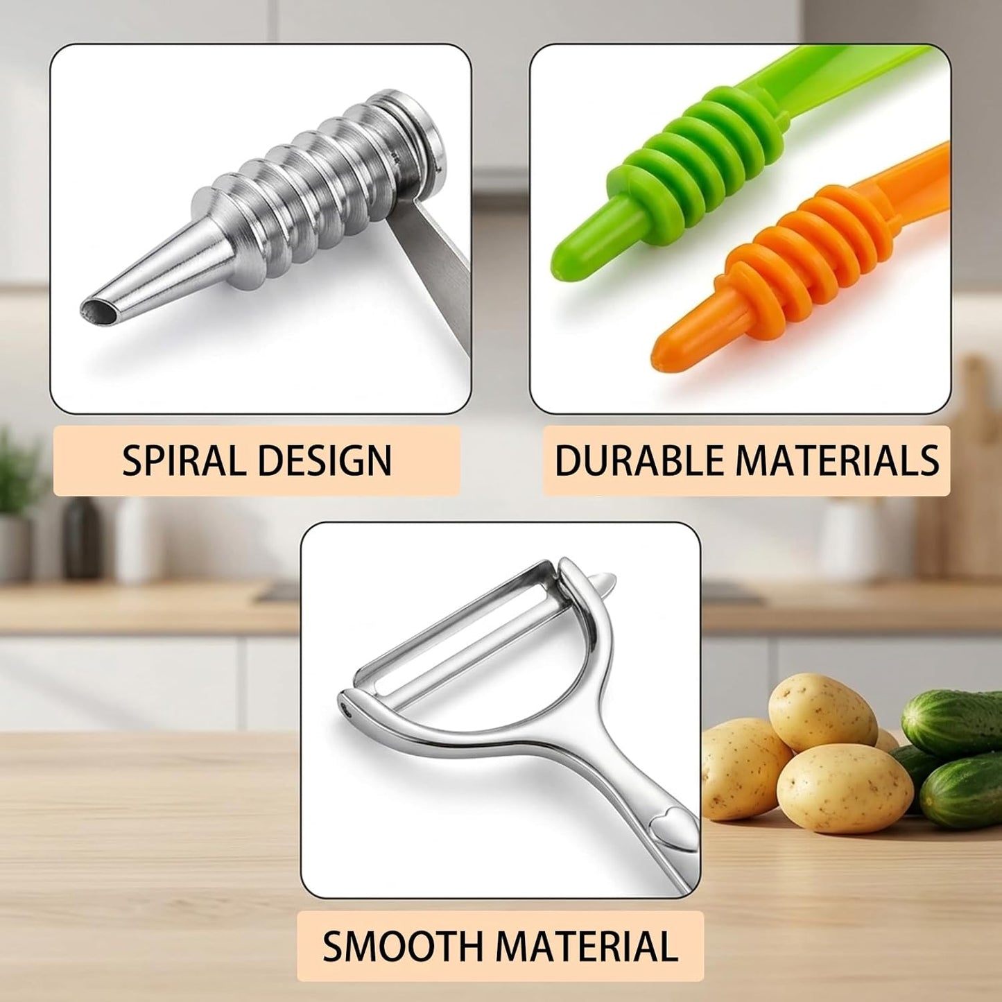 Potato Peeler, Stainless Steel Peeler, 6 Pcs Spiral Cutter Set, Spiral Cutter for Vegetable Preparation, Stainless Steel Vegetable Peeler with Plastic Spiralizers for Kitchen Tasks