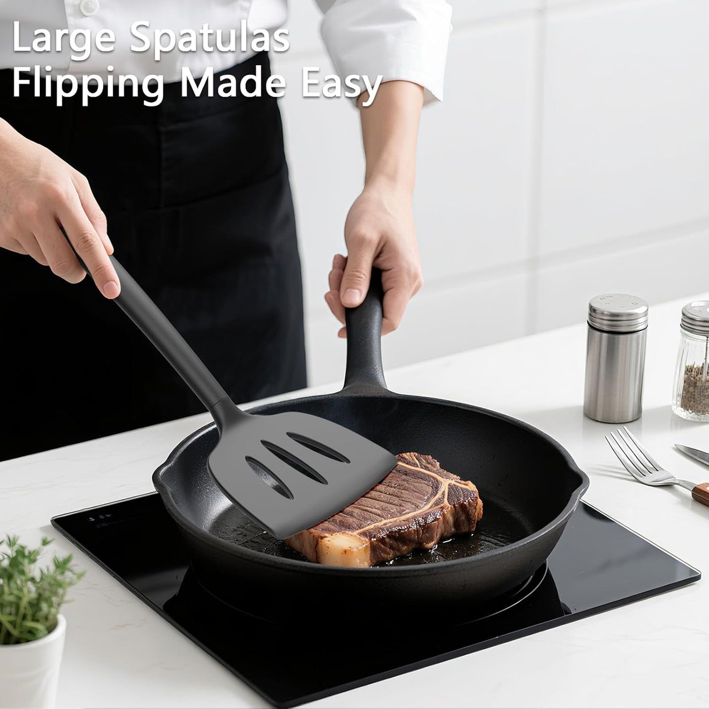 Coukre 3 Pack Silicone Spatula Set, High Heat Resistant, BPA-Free, Fish Spatula, Solid & Slotted Turner for Non-Stick Pans, Flipping Eggs, Pancakes, Fish, Burgers (3, PureBlack)