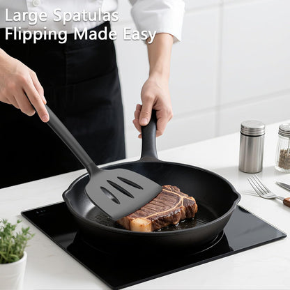 Coukre 3 Pack Silicone Spatula Set, High Heat Resistant, BPA-Free, Fish Spatula, Solid & Slotted Turner for Non-Stick Pans, Flipping Eggs, Pancakes, Fish, Burgers (3, PureBlack)