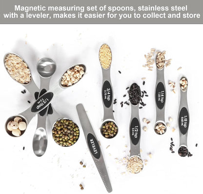 Magnetic Measuring Spoons Set Stainless Steel with Leveler, 8pcs Multicolors Measuring Cups Set for Baking, Measuring Cups and Spoon Set Kitchen Gadgets Apartment Essentials Fits in Spice Jars