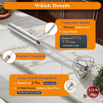 Stainless Steel Semi Automatic Whisk Egg Beater Whizzy Whisk, Hand Push Blender Kitchen Mixer Wisking Tool for Blending Cooking Gadgets(10in)