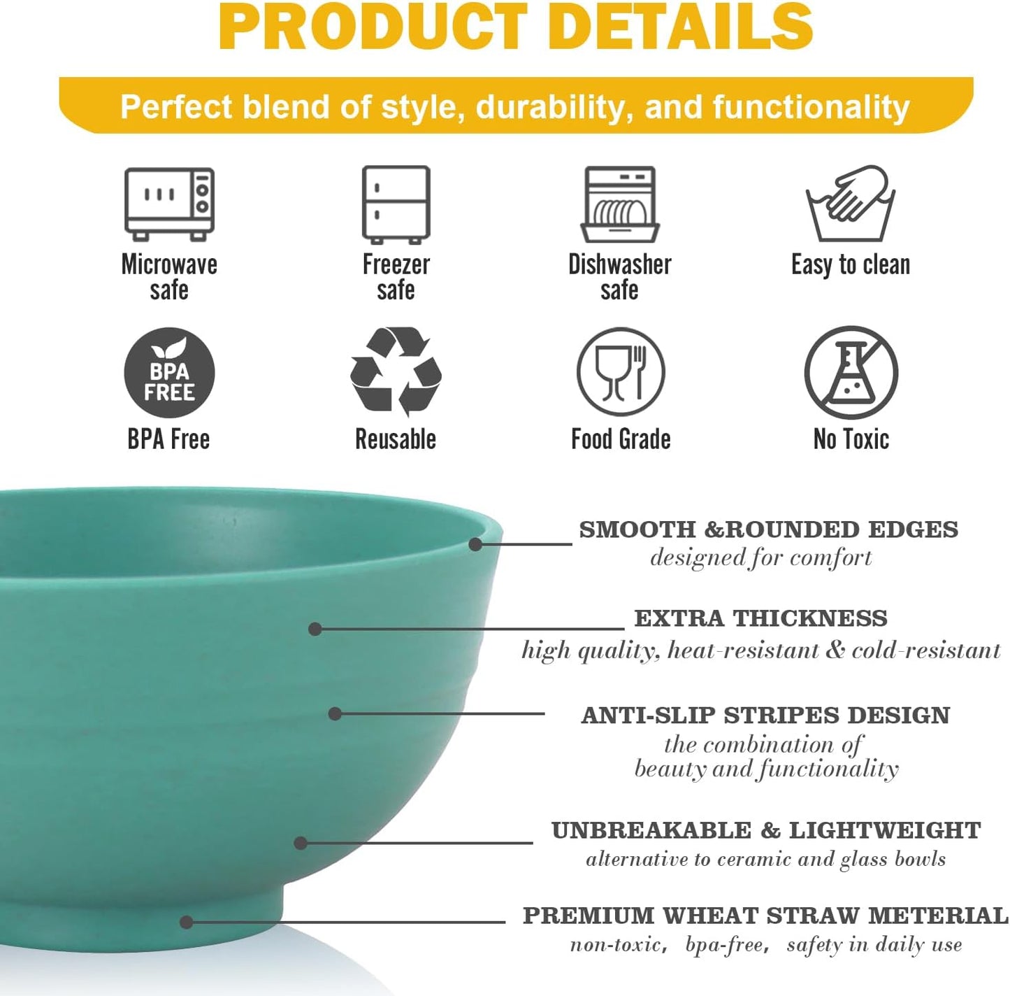 Wheat Straw Bowls Set with Lids, Unbreakable 40 OZ Cereal Bowls Set of 4, Salad Container for Lunch, Microwave & Dishwasher Safe Bowl Set for Kitchen, Picnic, RV, Camping, Multi