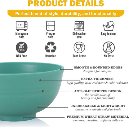 Wheat Straw Bowls Set with Lids, Unbreakable 40 OZ Cereal Bowls Set of 4, Salad Container for Lunch, Microwave & Dishwasher Safe Bowl Set for Kitchen, Picnic, RV, Camping, Multi
