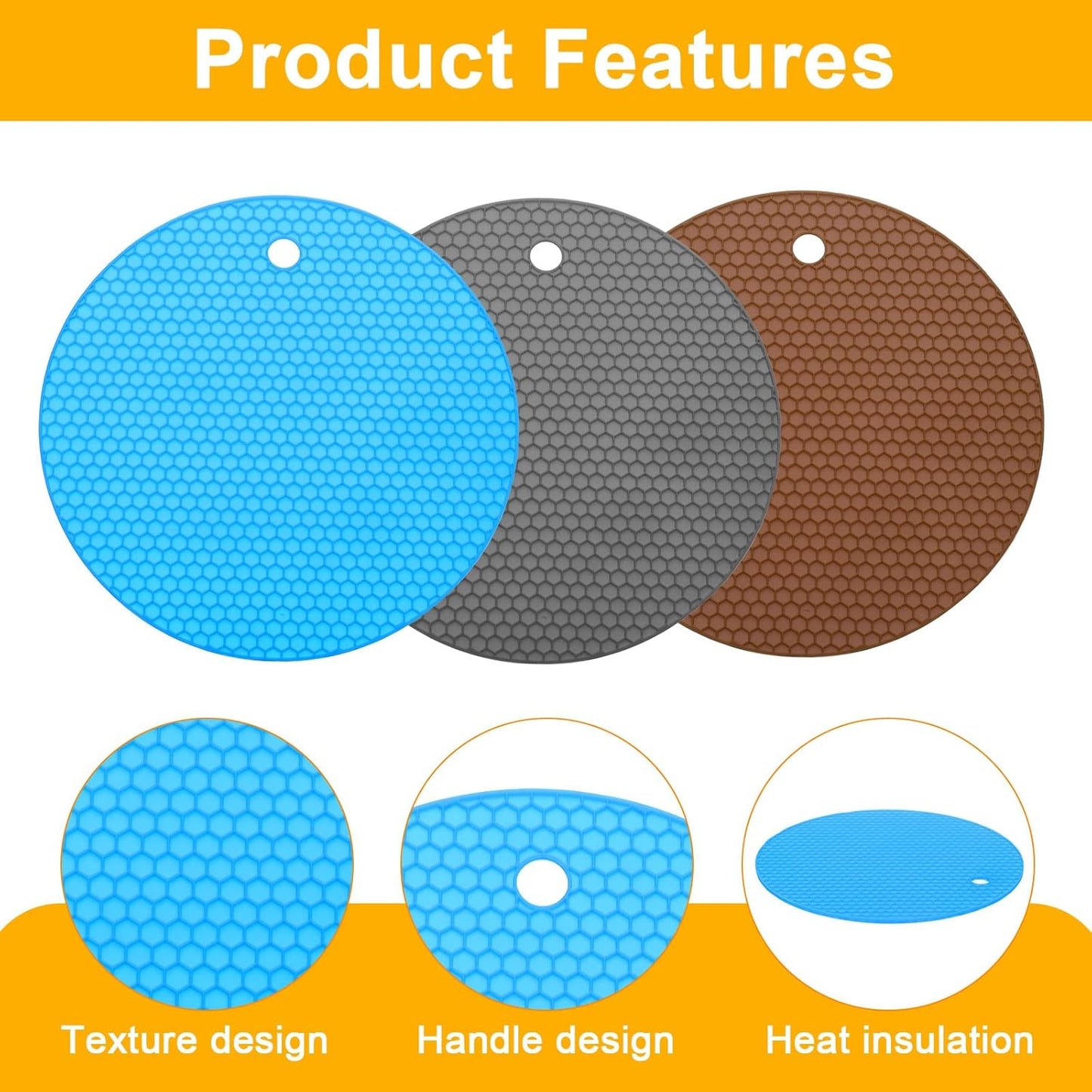 uxcell 3pcs Silicone Jar Opener Pads, 17.5cm/7" Texture Can Opener Multipurpose Round Bottle Lid Opener Non-Slip Coasters for Weak Hands Seniors Children, Orange, Blue, Gray