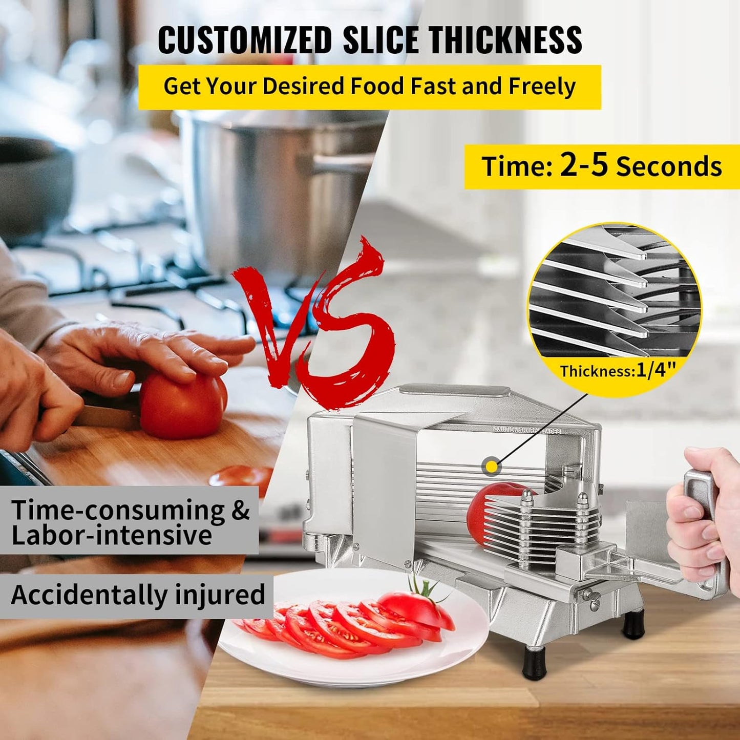 VEVOR Commercial Tomato Slicer, 1/4 inch Tomato Cutter Slicer, Stainless Steel Heavy Duty Cutter Machine, Manual with Non-slip Feet, for Cutting Tomatoes, Cucumbers, Bananas