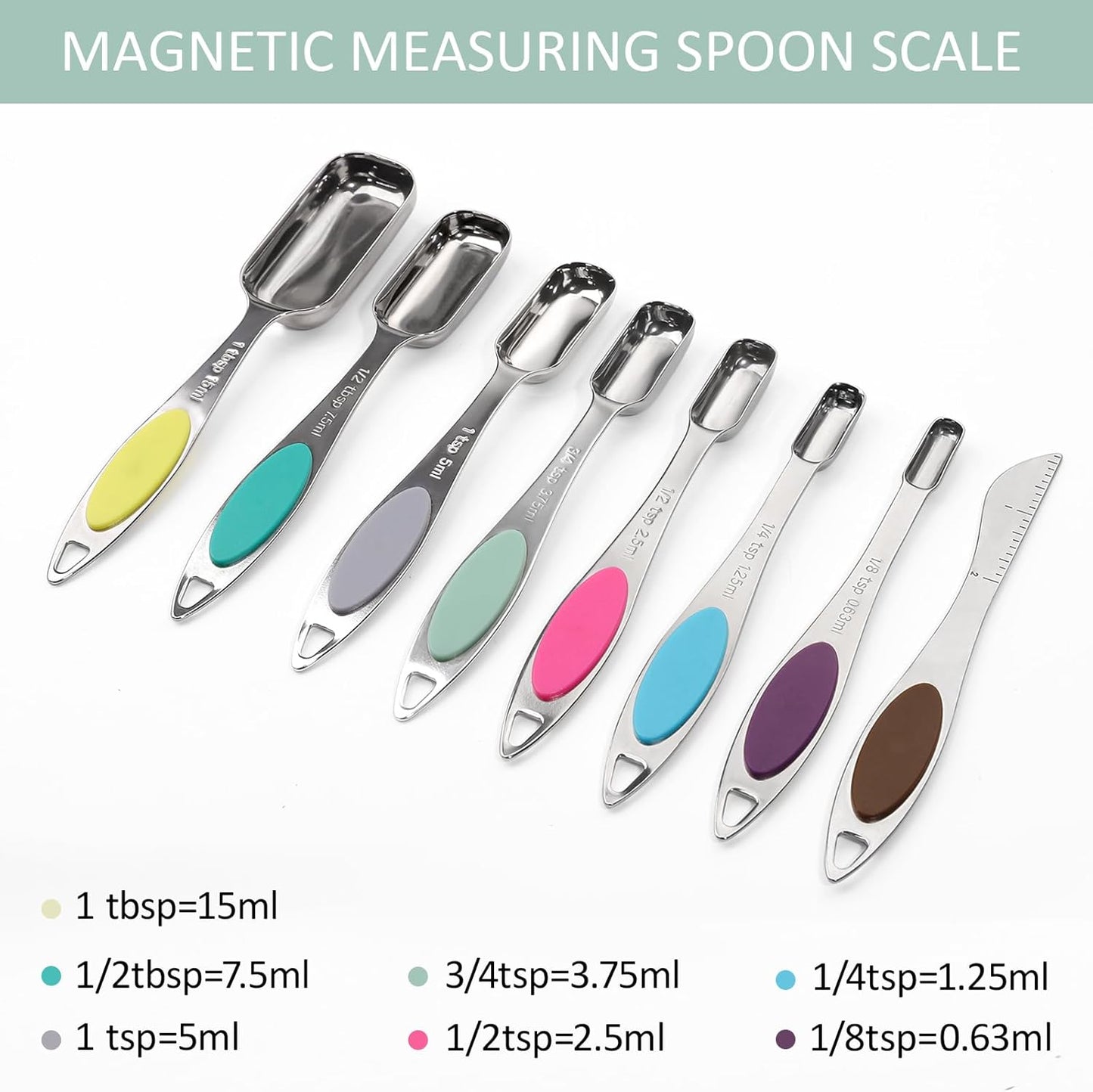Magnetic Measuring Spoons Set Includes 7 Stainless Steel Magnetic Measuring Spoons,Nesting Measuring Spoon Teaspoon with Leveler for Dry or Liquid Ingredients (8, Colorful)