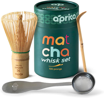 Aprika Life Matcha Bamboo Whisk Set with Holder | 100 Prong Chasen, Bamboo Scoop & Glass Whisk Holder | Matcha Whisk and Holder Starter Kit