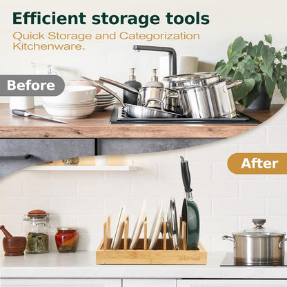Wisreach Bamboo Pot Lid Organizer, Adjustable Kitchen Organizer for Cabinet, Expandable Pot and Pan Storage Rack, Kitchen Organization for Lids, Bakeware, and Cutting Boards