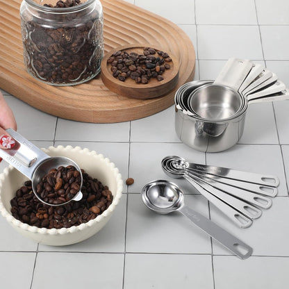 Measuring Cups and Spoons Set of 13, 7 Stainless Steel Nesting Cups and 6 Measuring Spoons, 2 Detachable Rings, Kitchen Gadgets for Baking Cooking, Dry and Liquid Ingredients