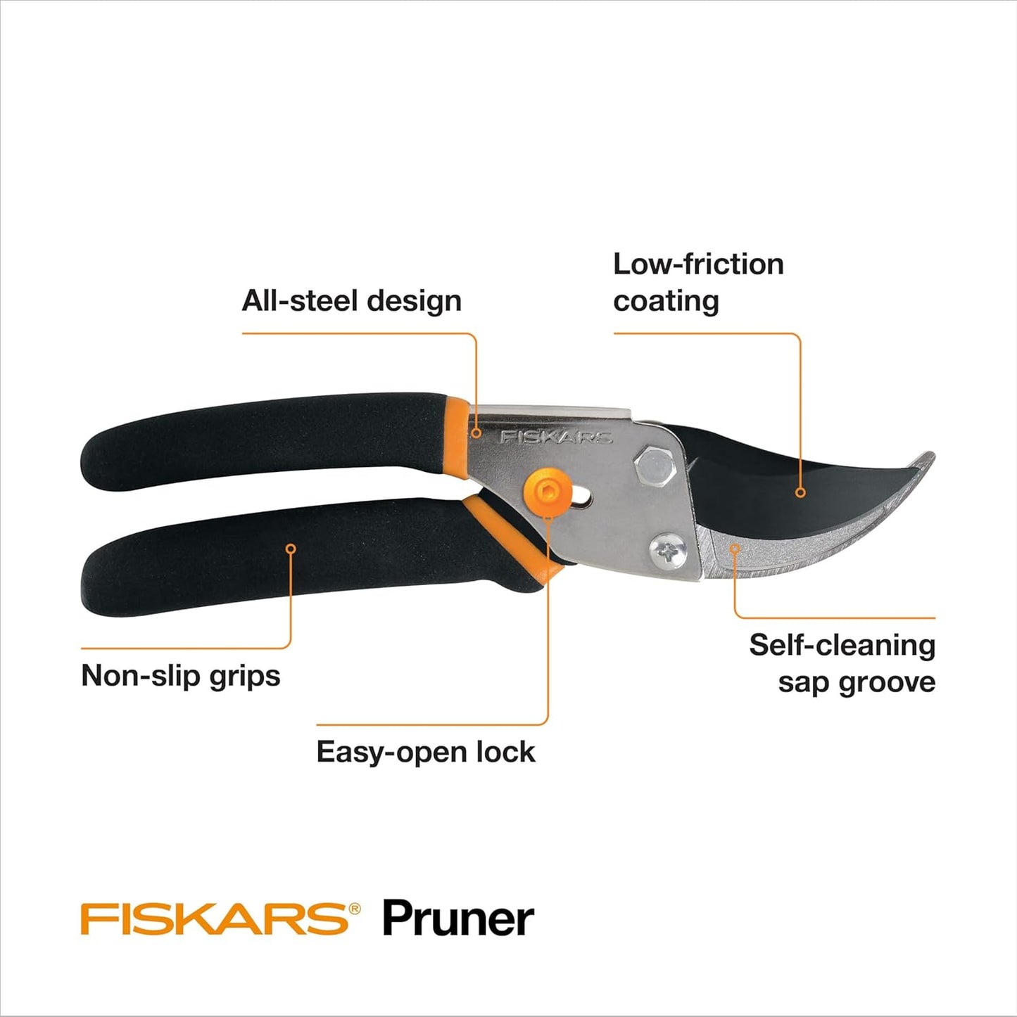 Fiskars Bypass Pruning Shears, 5/8" Cut Capacity Gardening Scissors, Self-Cleaning Sap Groove Prevents Sticking, Non-Slip Grip for Cutting Stems & Branches, Sharp Steel Blades w/ Low-Friction Coating