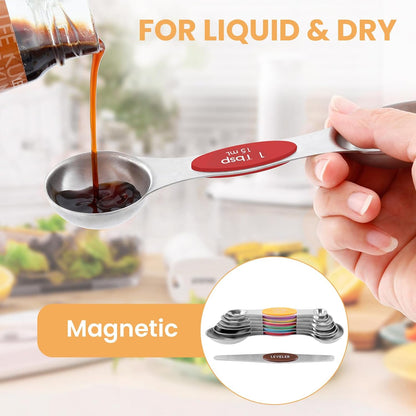 Magnetic Measuring Spoons Set with Leveler, Stainless Steel Metal Tablespoon Measure Spoon for Baking, Cups and Spoon Set Kitchen Gadgets Apartment Essentials Fits in Spice Jars