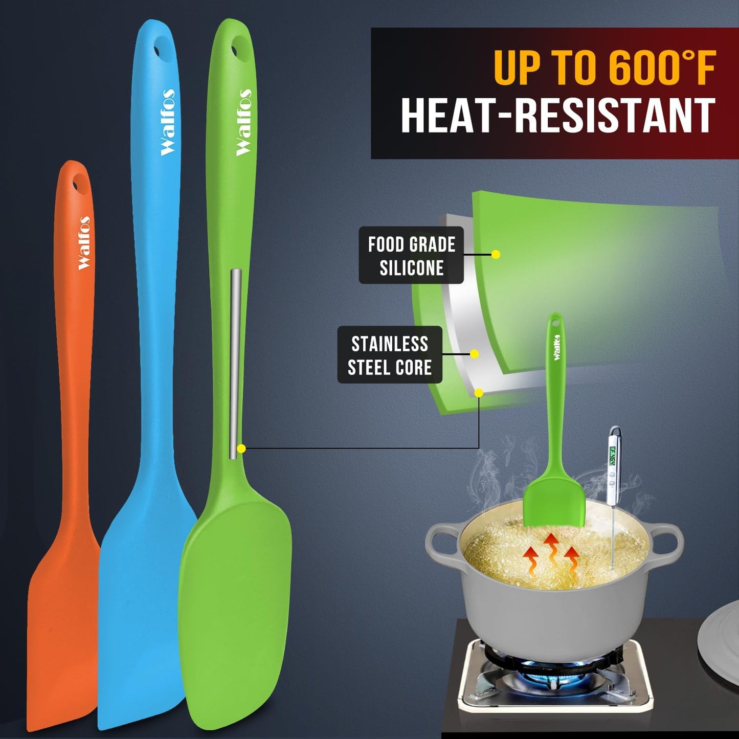 Walfos Silicone Spatula Set of 5 - (600°F) High Heat Resistant Kitchen Scraper Spatulas, One-Pieces Seamless Design, Perfect for Cooking Mixing & Baking - BPA Free and Dishwasher Safe,black