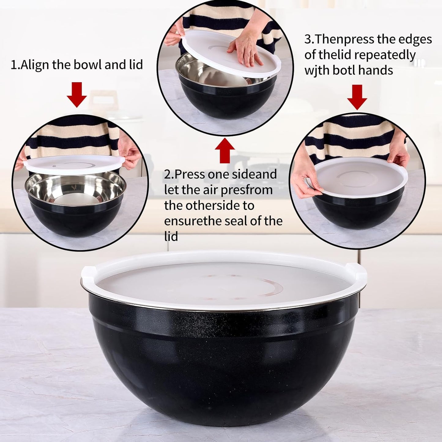 Red Mixing Bowls with Lids Set of 7, Stainless Steel Nesting Bowl with Khaki Lid for Non-slip Mixing Prepping Storing Serving, 7 Sizes-7/3.6/2.7/2.1/1.5/1/0.8 QT