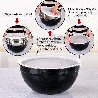 Red Mixing Bowls with Lids Set of 7, Stainless Steel Nesting Bowl with Khaki Lid for Non-slip Mixing Prepping Storing Serving, 7 Sizes-7/3.6/2.7/2.1/1.5/1/0.8 QT