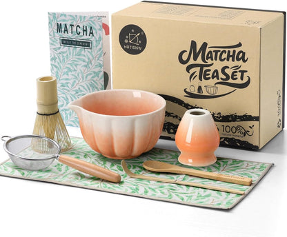 Matcha Whisk Set, 7 Pcs, Matcha Kit Includes Matcha Bowl, Matcha Whisk and Holder, Bamboo Scoop, Spoon, Sifter and Tea Towel, Matcha Set, Gift for Matcha Lovers & Beginners (Pink)