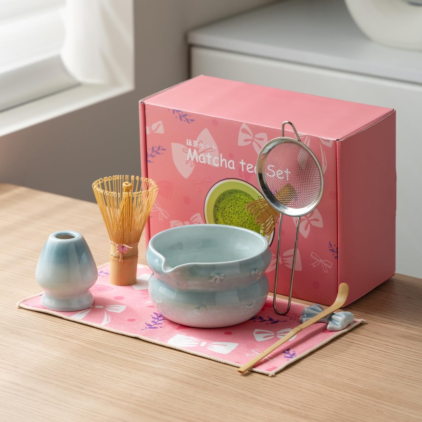 DWEHIXBUY Matcha Kit 7-Pcs matcha whisk set, Measuring Spoon, Japanese Tea Making Tools,Cha, tea bowl, pink matcha set (light blue)