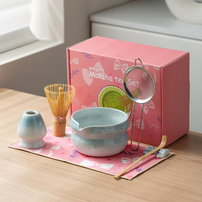 DWEHIXBUY Matcha Kit 7-Pcs matcha whisk set, Measuring Spoon, Japanese Tea Making Tools,Cha, tea bowl, pink matcha set (light blue)