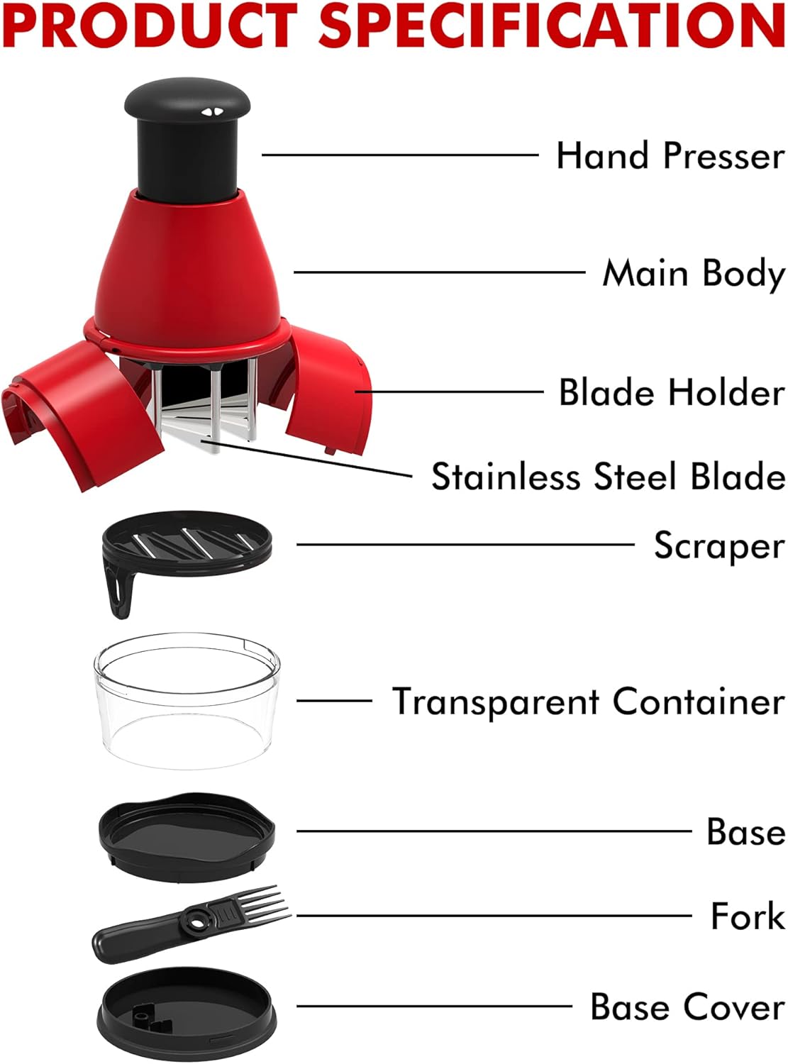 Geedel Food Chopper Vegetable Cutter, Easy to Clean Manual Veggie Onion Garlic Nut Chopper Dicer, Dishwasher Safe Vegetable Chopper with Container for Onions Nuts Garlic Veggies Salads, No BPA, Red