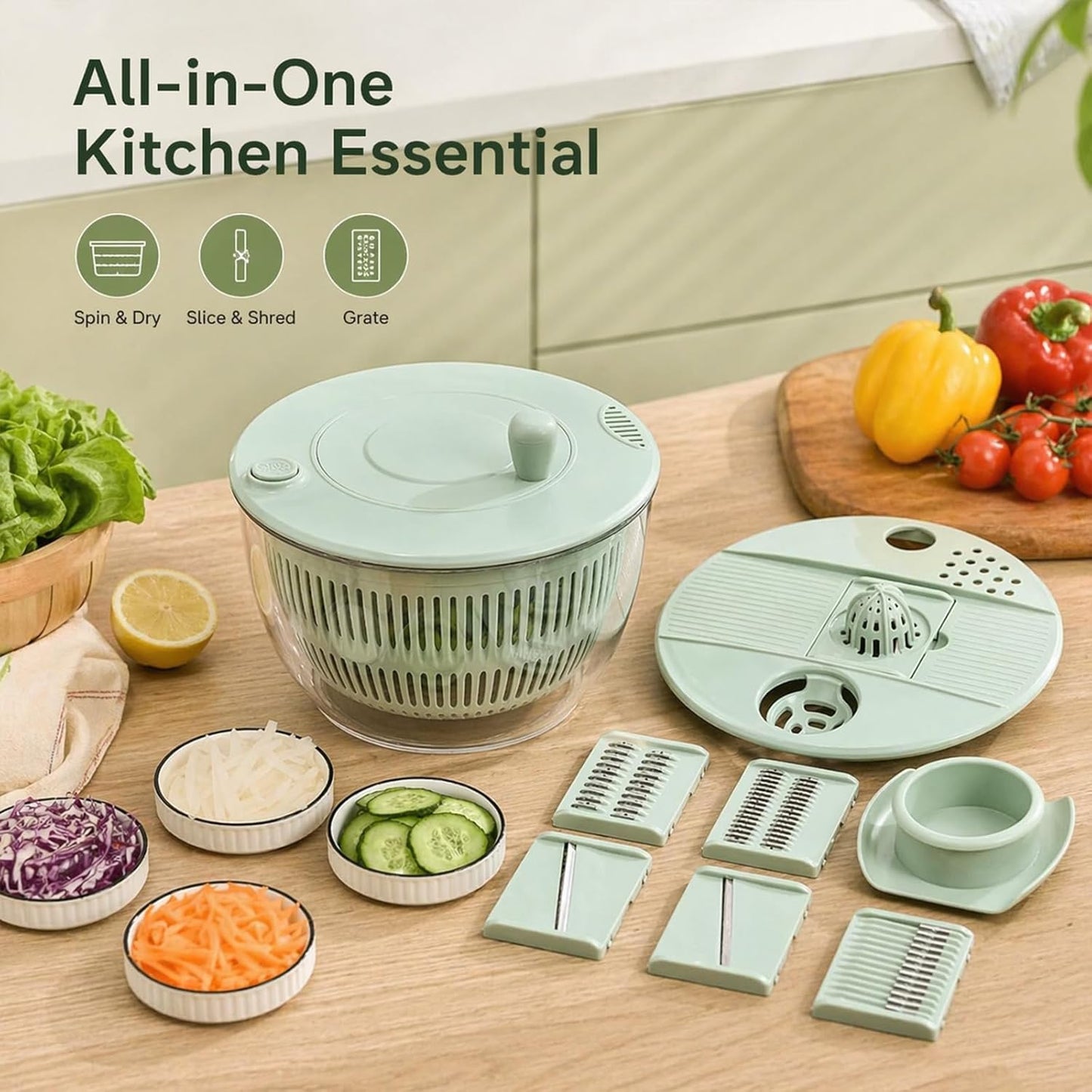 Large Capacity Multi-function Salad Spinner, 6-in-1 Salad Spinner & Vegetable Chopper, Vegetables Fruits Washing Bowl, With 5 Blade Slicer Egg Yolk Strainer Shredder (Transparent Version A)