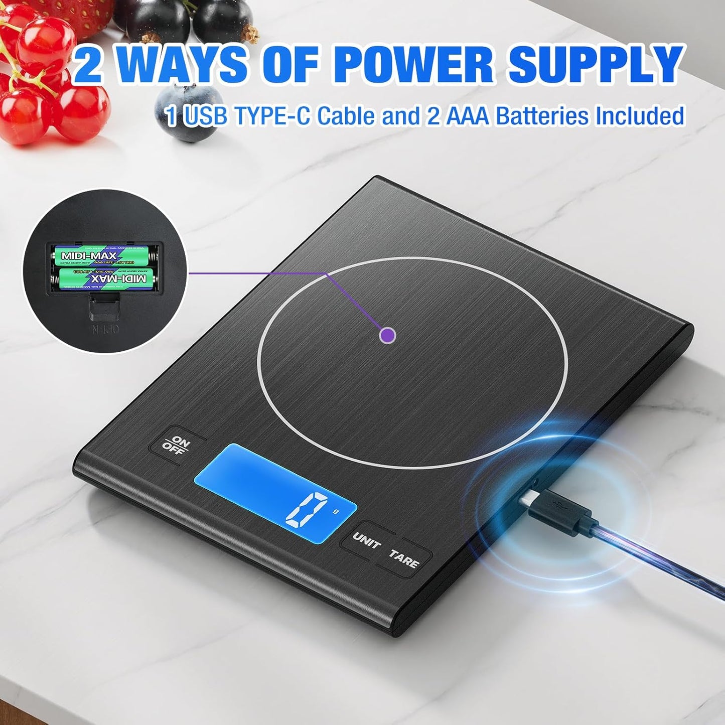 33lb Rechargeable Food Scale, Diyife 304 Stainless Steel Digital Kitchen Scale, 7.5 * 5.5 in Weight Grams and Ounces for Baking, Cooking, 5 Units with Tare Function, LCD Display, 2 AAA Batteries