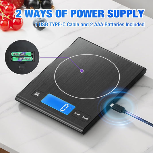 33lb Rechargeable Food Scale, Diyife 304 Stainless Steel Digital Kitchen Scale, 7.5 * 5.5 in Weight Grams and Ounces for Baking, Cooking, 5 Units with Tare Function, LCD Display, 2 AAA Batteries