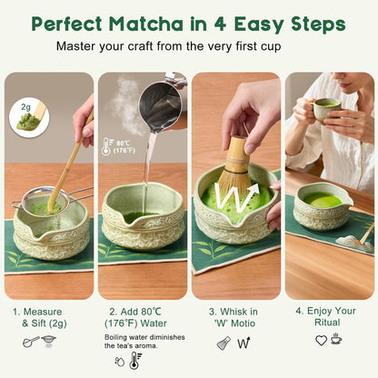 Matcha Whisk Set, 9 Pcs Matcha Set Kit for Ceremony Includes Ceramic Matcha Bowl, Holder, Bamboo Whisk & Scoop, Measuring Spoon, Scoop Rest, Sifter, Tea Towel, Handbook - Ideal Gift for Matcha Lovers