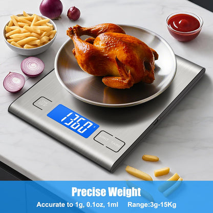 33lb Rechargeable Food Scale, Diyife 304 Stainless Steel Digital Kitchen Scale, 7.5 * 5.5 in Weight Grams and Ounces for Baking, Cooking, 5 Units with Tare Function, LCD Display, 2 AAA Batteries