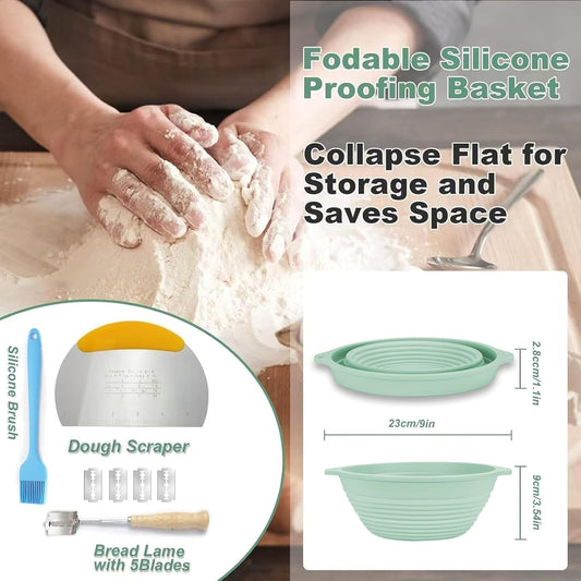 Sourdough Starter Kit with Banneton Bread Proofing Basket, 9” Round Banneton with Liner, 24 oz Starter Jar, Bread Lame, Dough Whisk & Sourdough Baking Supplies