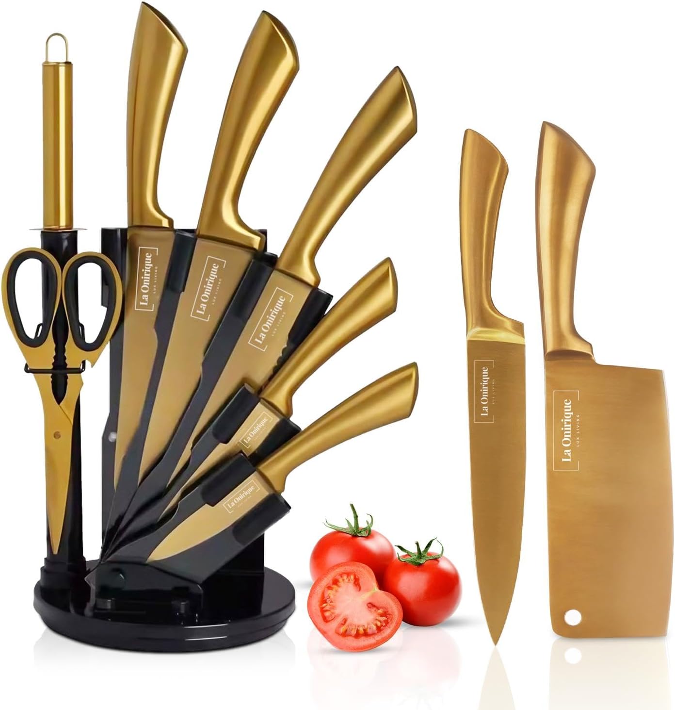 Luxury Gold Kitchen Accessories Set – Super Sharp Pizza Cutter Wheel, Garlic Press Rocker, Y Peeler, Serrated Pie & Cake Server – Premium Titanium-Coated Stainless Steel Flatware