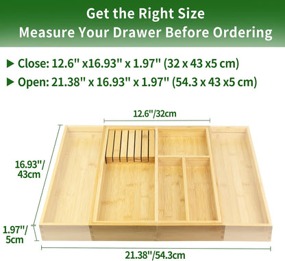 VaeFae Bamboo Silverware Drawer Organizer Kitchen, Expandable Utensil Organizer with Knife Block, Cutlery Tray with Divider, Multifunctional Drawer Organizer (Black)