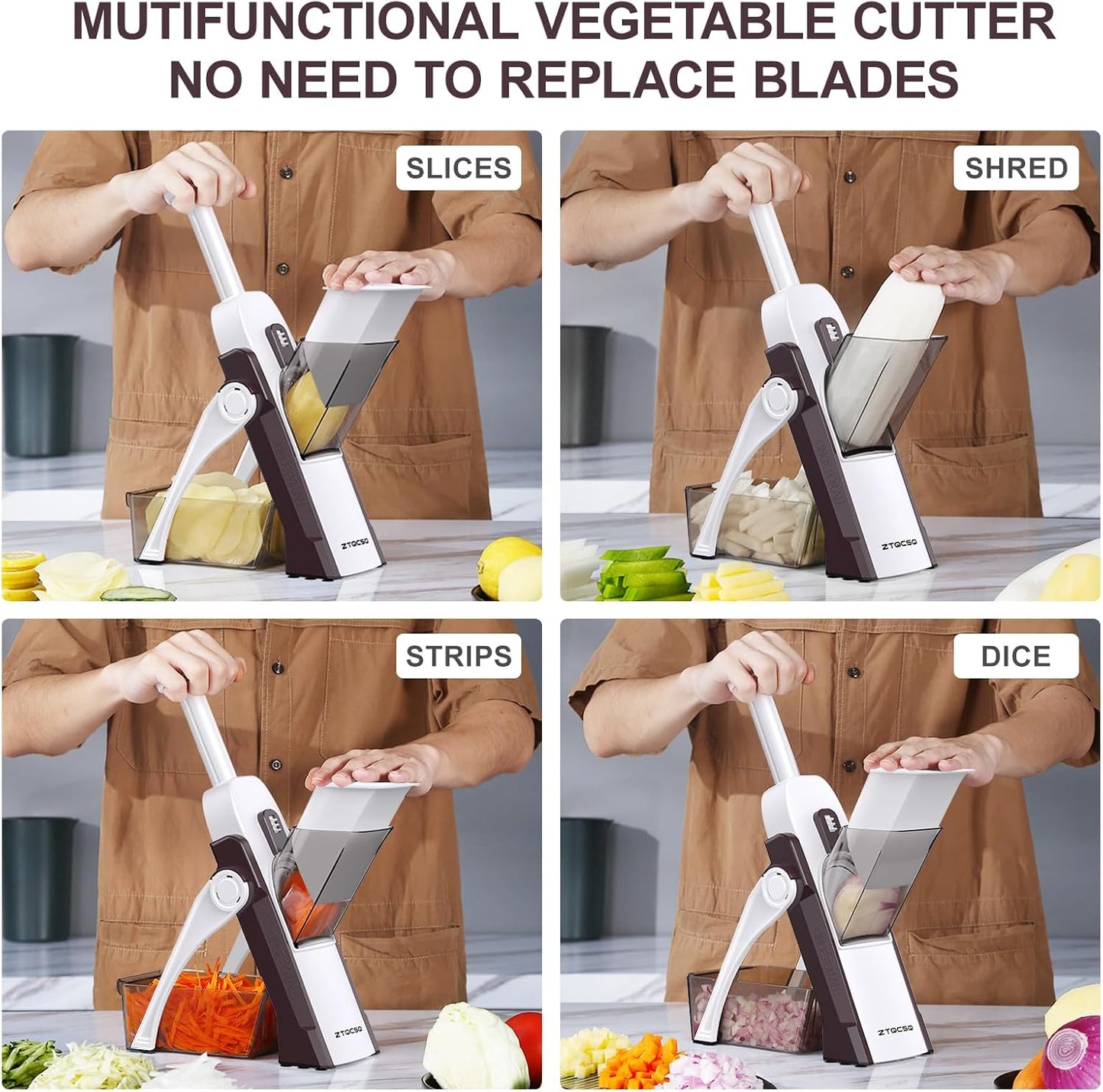 5 in 1 Safe Mandoline Slicer for Kitchen, Safe Vegetable Chopper, Paring Knife, Adjustable Thickness, Easy to Clean, Vegetable Slicer, Slicing, Strips, Shredding, Dicing,Chop (Tropical Orange)