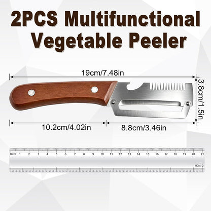 Vegetable Peeler with Wooden Handle, 3-in-1 Multifunctional Peelers for Kitchen - Scallion Shredder, Julienne Slicer & Bottle Opener, Stainless Steel Blade, Potato Carrot Fruit（2 Pack）