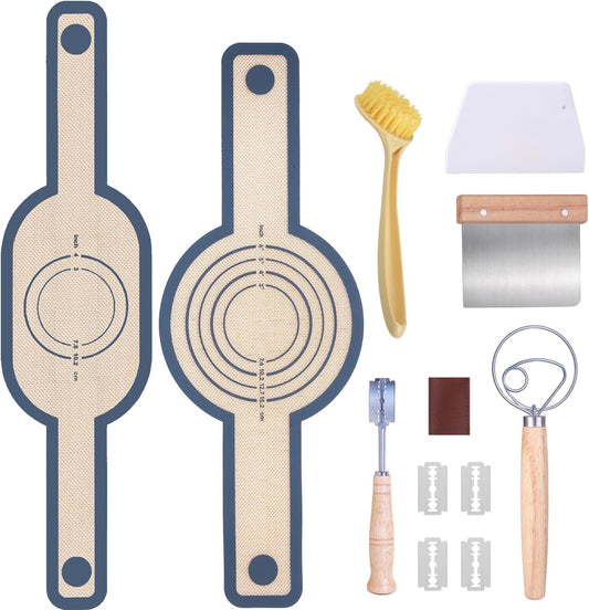 Bread Making Tools and Supplies, Set of 7, inclued Round Baking Mat and Oval Baking Mat, Sourdough Danish Dough Whisk, Bread Lame Dough Scoring, Bread Scraper Dough Cutter, Perfects Gift for Baker