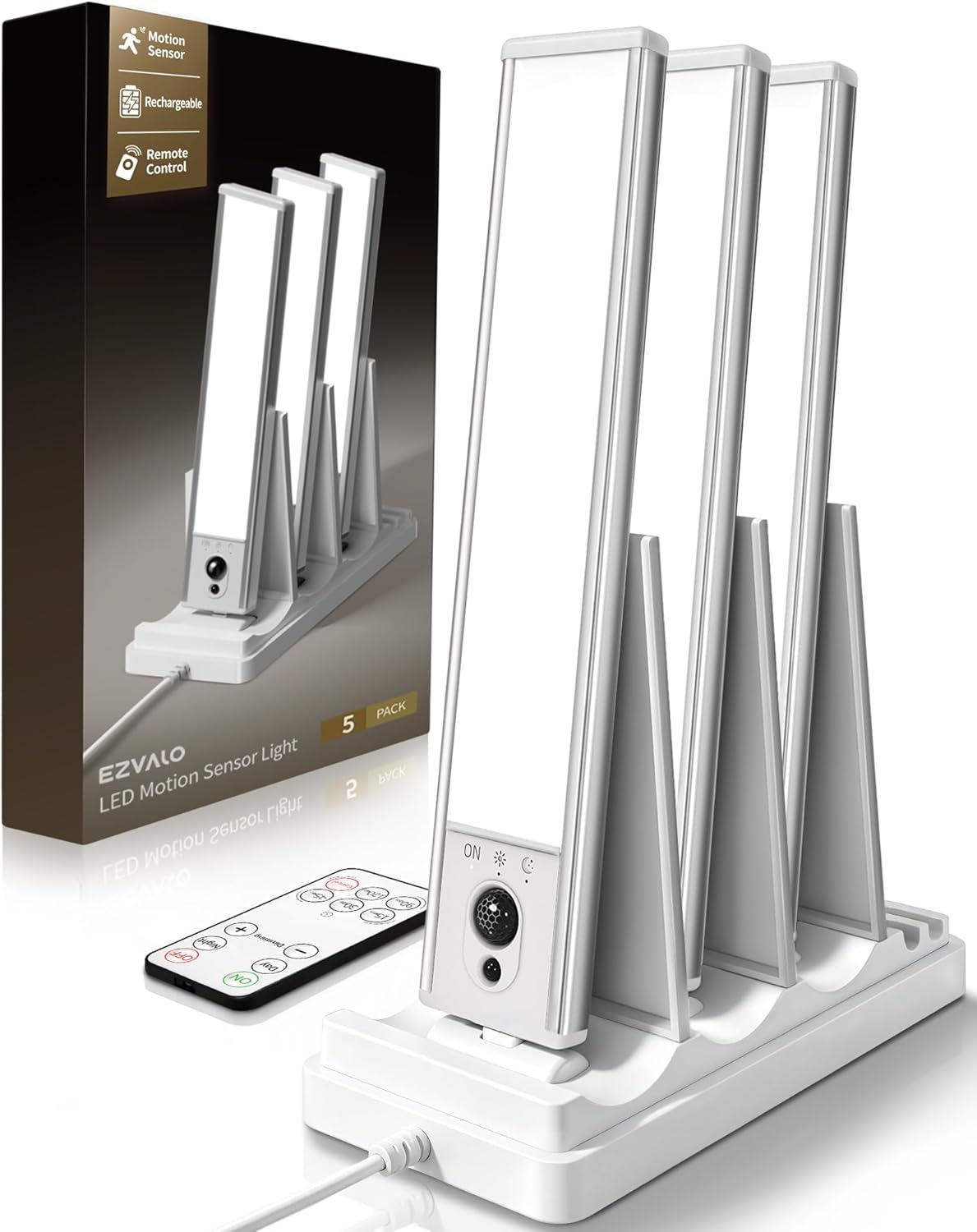 EZVALO 5-Pack Under Cabinet Lighting with Charging Station, 2400mAh Motion Sensor Light, LED Coutner Lights Wireless, 3000K Dimmable, Timer, Magnetic, with Remote Control for Kitchen, Closet, Stair