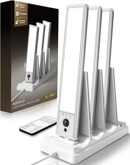 EZVALO 5-Pack Under Cabinet Lighting with Charging Station, 2400mAh Motion Sensor Light, LED Coutner Lights Wireless, 3000K Dimmable, Timer, Magnetic, with Remote Control for Kitchen, Closet, Stair