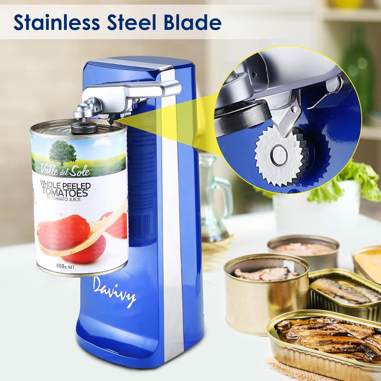 Davivy Electric Can Opener - One-Touch Hands-Free Operation,Removable Stainless Steel Cutter, 3-in-1 Design with Knife Sharpener&Bottle Opener(Blue)