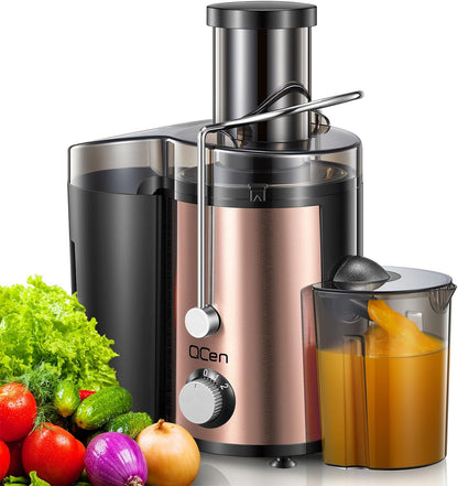 Qcen Juicer Machine, 500W Centrifugal Juicer Extractor with Wide Mouth 3” Feed Chute for Fruit Vegetable, Easy to Clean, Stainless Steel, BPA-free (Black)