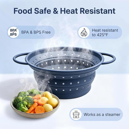 Collapsible Silicone Colander Strainer for Kitchen, Steel Rim Stable Foldable Strainer, BPA-Free Microplastic-Free,Heat-Resistant Steamer Basket, Stores Flat, Dishwasher Safe, Red