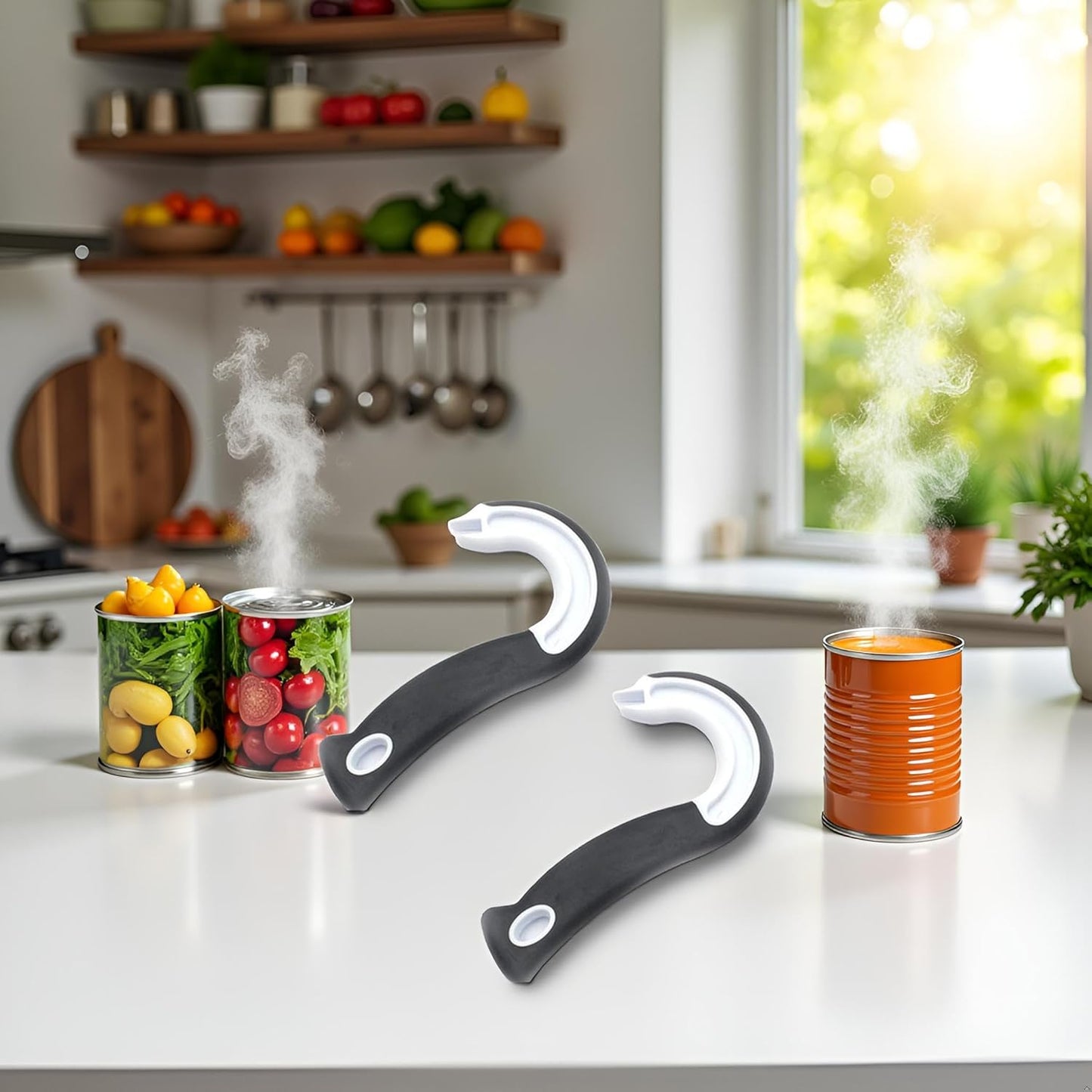 BWESOO 2 PCS Black Manual J Shape Ring Pull Can Opener, Stainless Steel