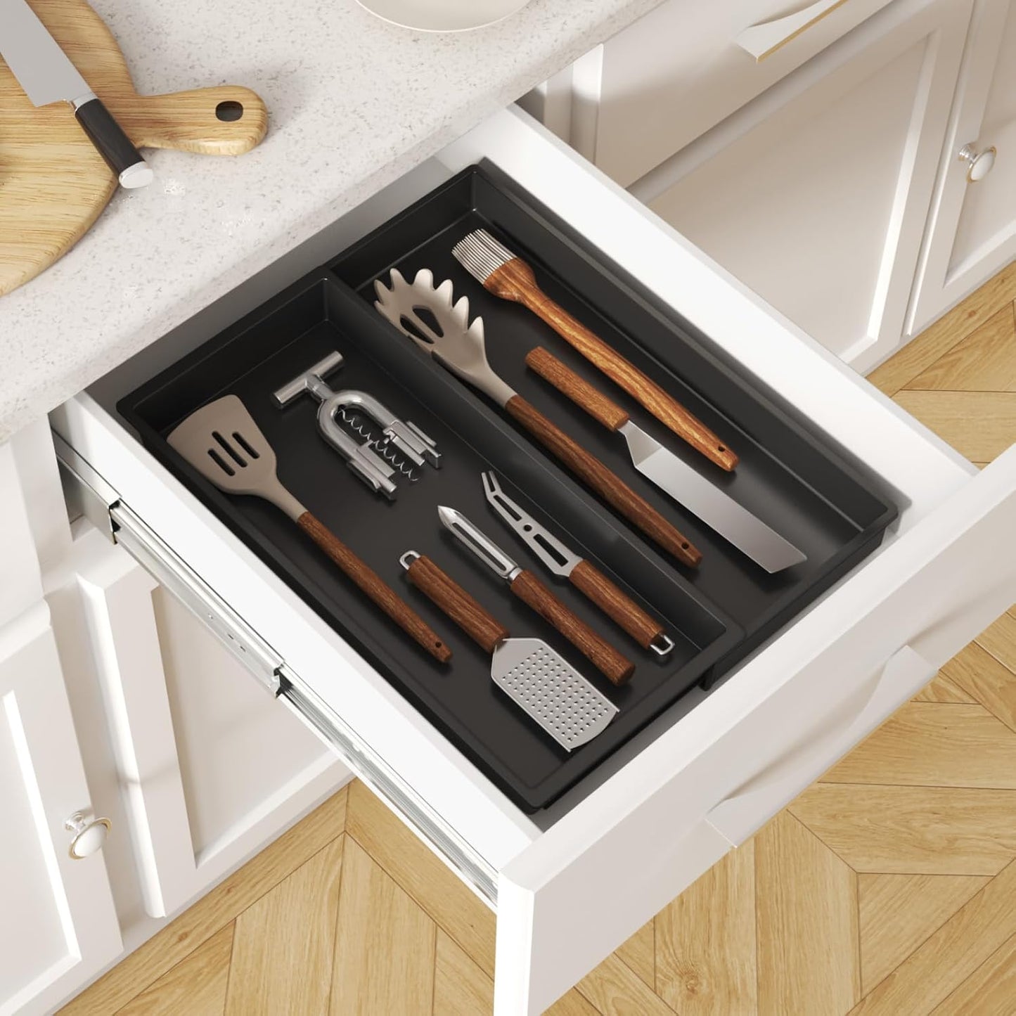 Lifewit Utensil Organizer for Kitchen Drawer, Expandable Cooking Silverware Tray, Adjustable Cutlery Flatware Holder, Plastic Spatula Tools Storage Divider, 14.4 x 15.8", Black